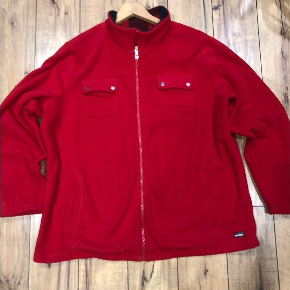 Chaps red fleece zip up jacket with buffalo plaid on collar 2X